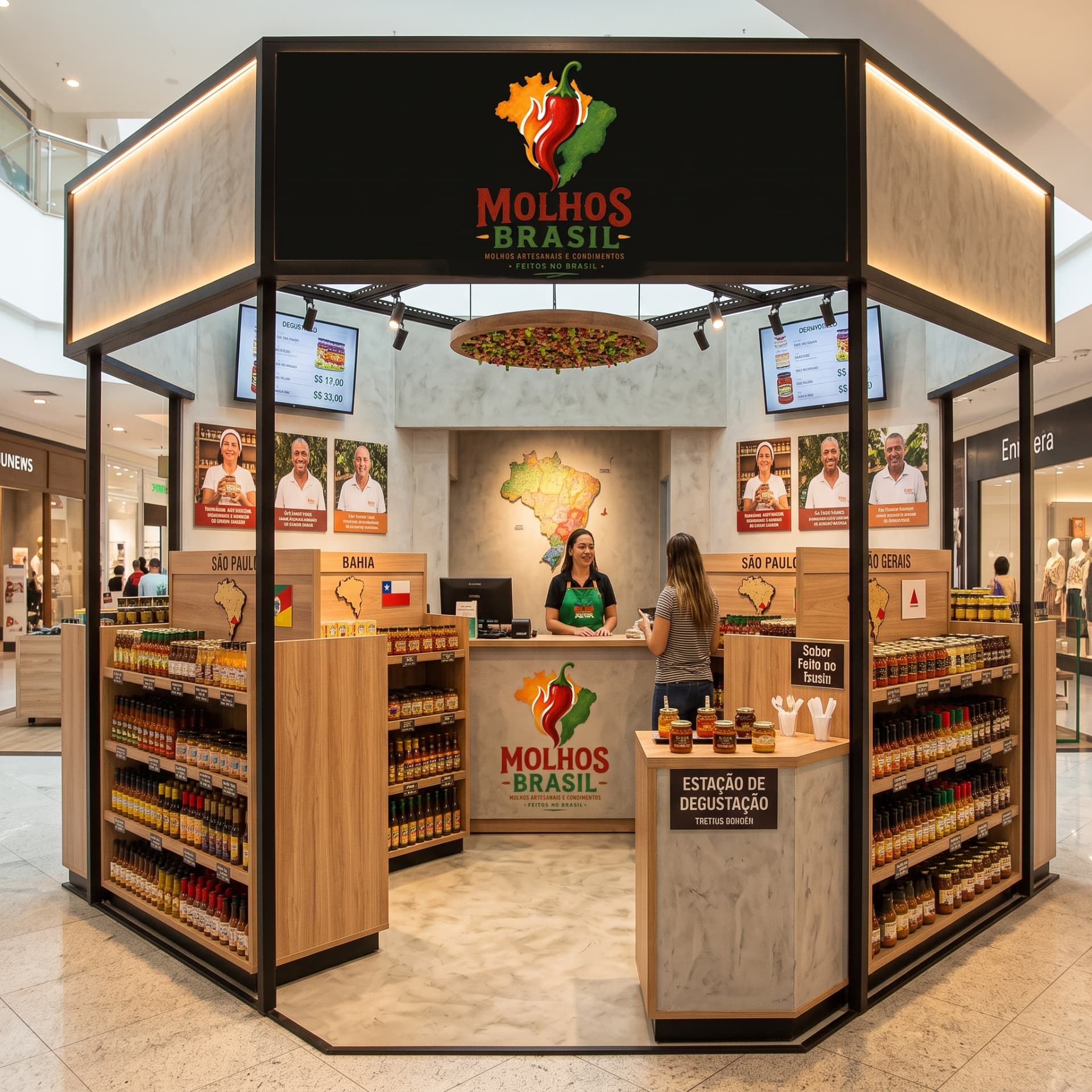 Quiosque Molhos Brasil no BH Shopping, com estação de degustação e gôndolas por estado